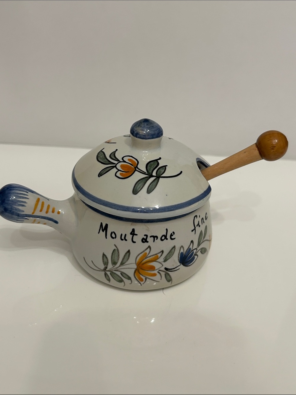 Vintage Hand-Painted Ceramic Mustard Pot with Wooden Spoon
